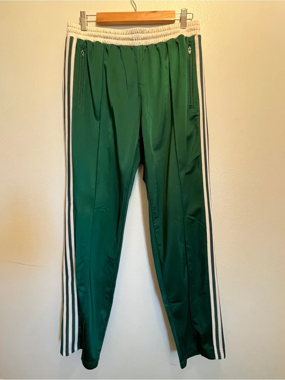 adidas Originals Emerald Green Satin Track Pants Cream Waistband Stripes Large